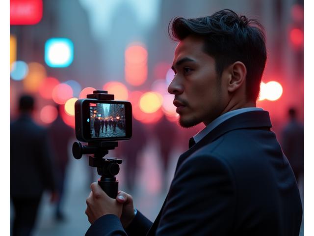 Photo d'un journaliste couvrant une breaking news avec son smartphone, en pleine action.