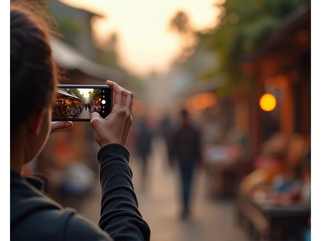 Scène d'un cinéaste indépendant filmant un documentaire avec un smartphone dans un cadre naturel.