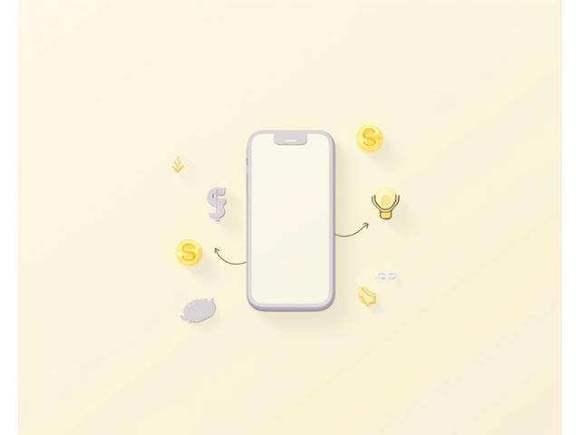 Illustration d'économies de coûts avec des icônes de budget et smartphone, montrant des coûts de production réduits.