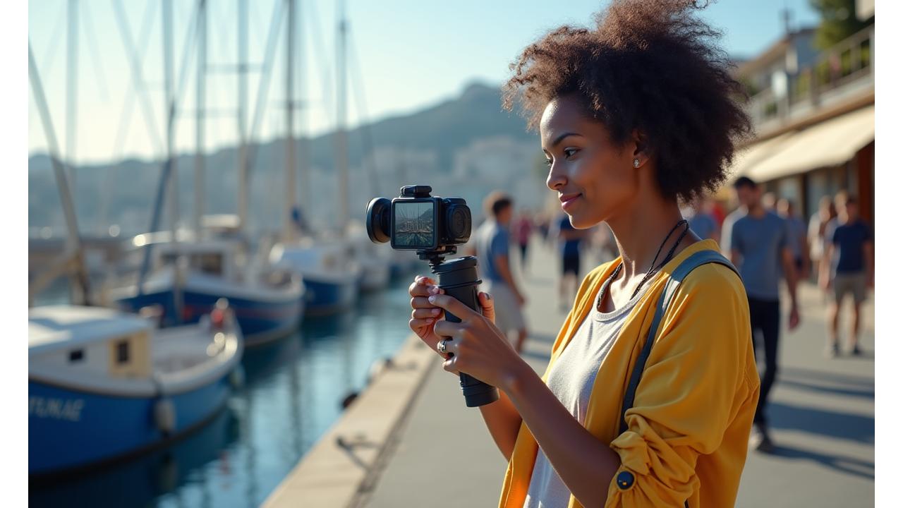 Journaliste filmant une scène urbaine avec un smartphone et des accessoires MoJo, symbolisant la flexibilité et la réactivité du journalisme mobile.