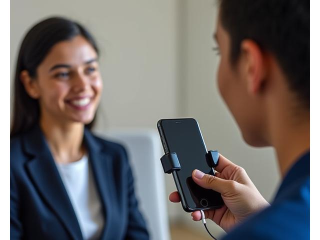 Journaliste menant une interview de qualité broadcast avec un smartphone et un micro externe, ambiance professionnelle.
