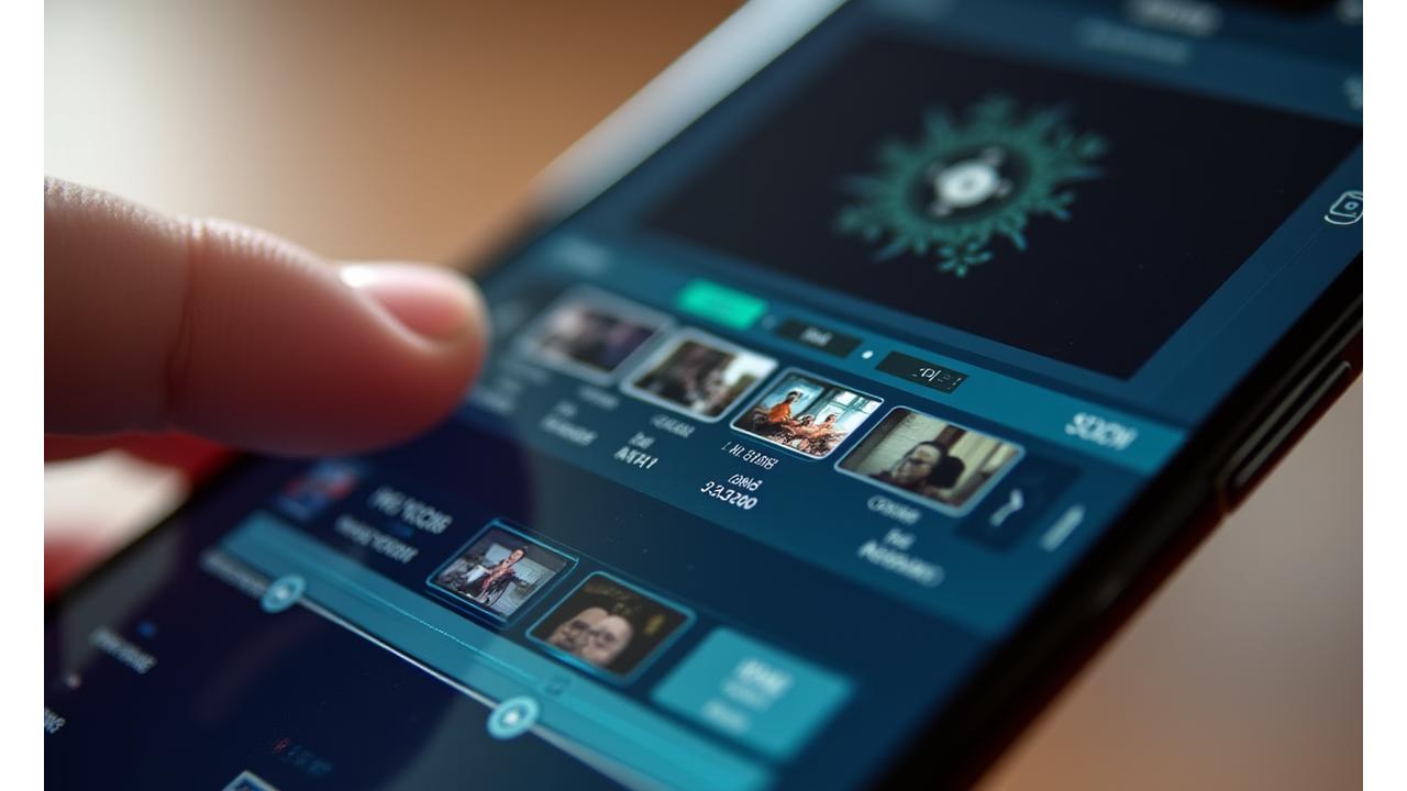 Interface d'une application de montage vidéo sur smartphone, avec timeline et outils d'édition.