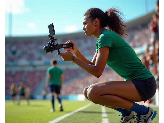 Photographe sportif utilisant un smartphone pour capturer des images d'action lors d'un événement sportif.