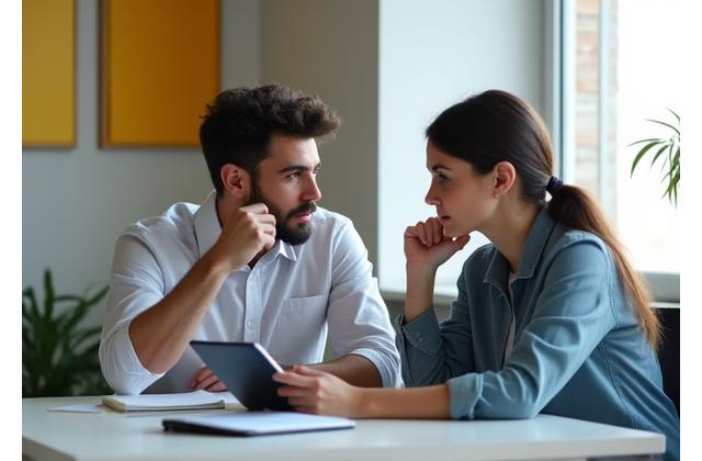 Deux personnes discutant à un bureau, symbolisant un entretien personnalisé
