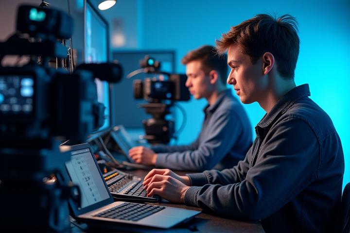 Étudiants en journalisme utilisant des caméras professionnelles et du matériel de studio pour une émission de radio ou de télévision.