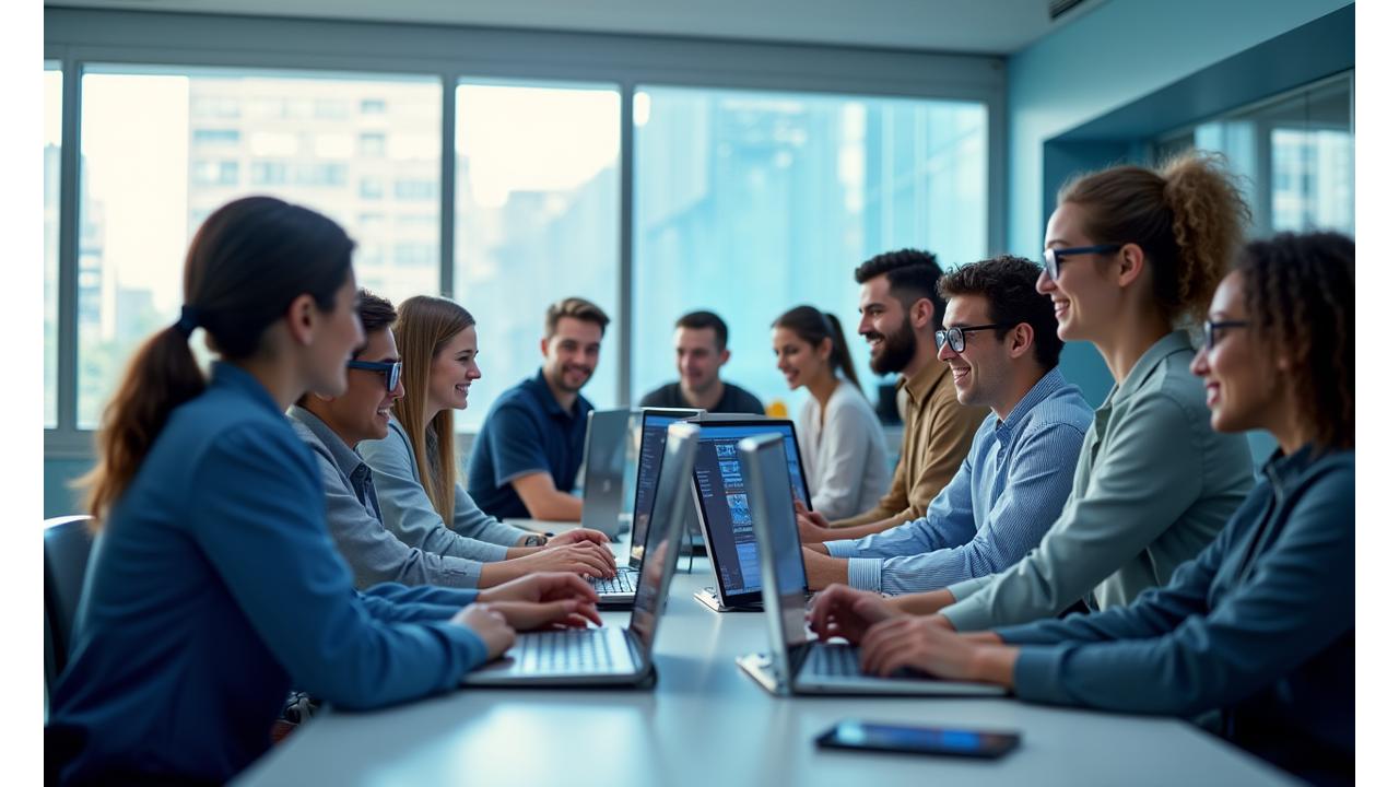 Salle de rédaction moderne avec étudiants en journalisme travaillant sur des ordinateurs et discutant, symbolisant l'apprentissage pratique du journalisme.