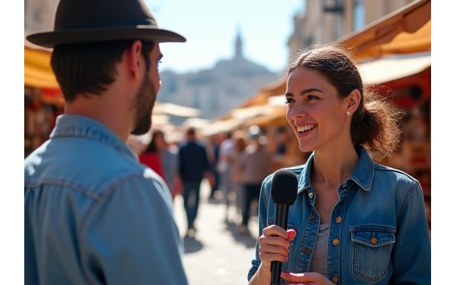 Journaliste avec un micro interviewant un artisan sur un marché ensoleillé de Marseille, avec des habitants en arrière-plan.
