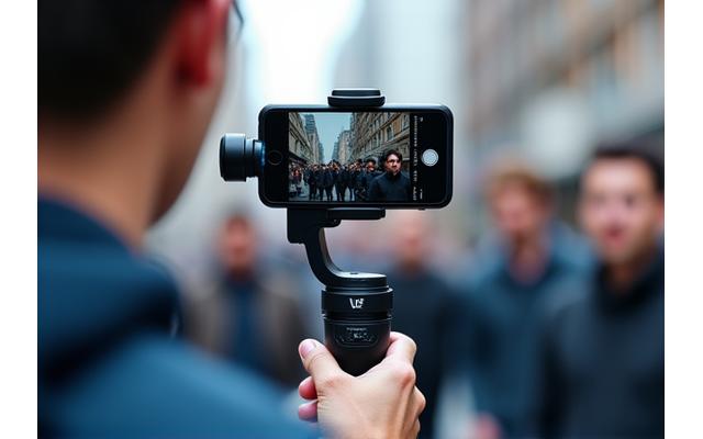 Journaliste utilisant un smartphone monté sur un stabilisateur pour filmer une scène de rue animée, avec d'autres équipements mobiles posés à côté.