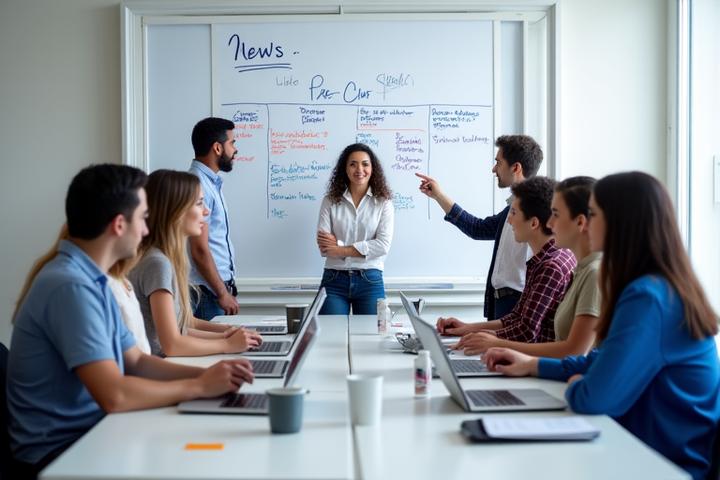 Groupe d'étudiants en journalisme simulant une conférence de rédaction, échangeant des idées et planifiant des reportages sur un tableau blanc.
