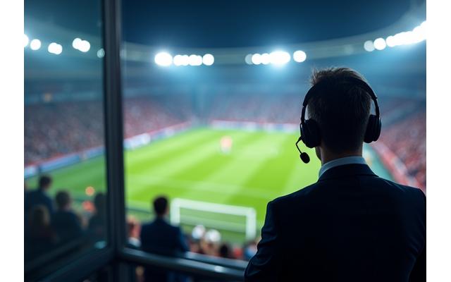 Journaliste sportif commentant un match de football intense depuis une cabine de presse, avec vue sur le stade et lumière des projecteurs.