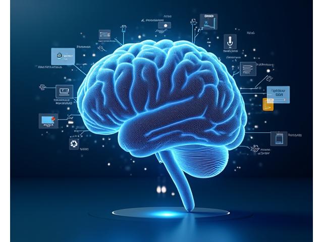 Interface futuriste montrant la fusion entre intelligence artificielle et journalisme, avec des icônes de données, d'écriture et de robot