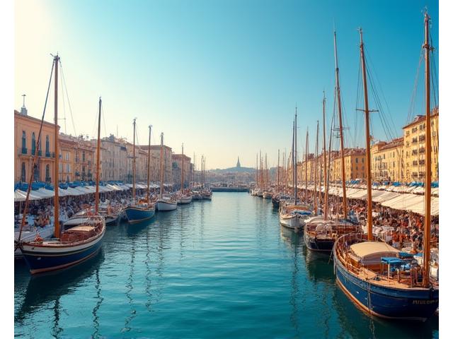 Le Vieux-Port de Marseille avec des immeubles historiques et un ciel bleu clair, illustrant le journalisme local.