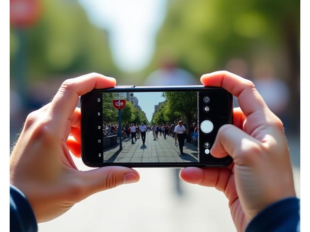 Une personne tenant un smartphone en mode vidéo, enregistrant un événement extérieur, illustrant le Mobile Journalism (MoJo).