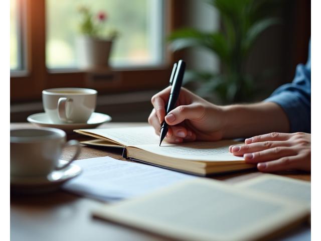 Une personne écrivant dans un carnet avec un stylo, des notes et un café à côté, illustrant la maîtrise de la rédaction.