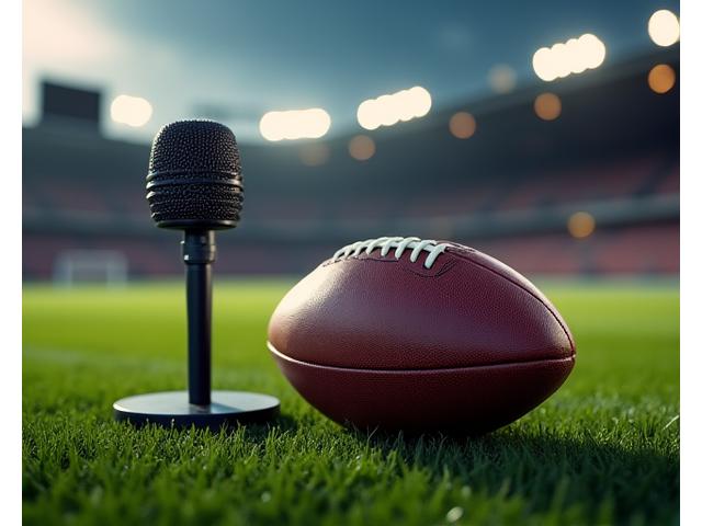 Micro et ballon de football sur un terrain de sport, symbolisant le journalisme sportif.