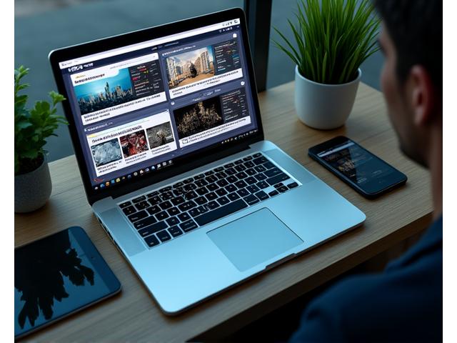 Un journaliste travaillant sur un ordinateur portable avec plusieurs écrans affichant des articles web et des analyses de données.