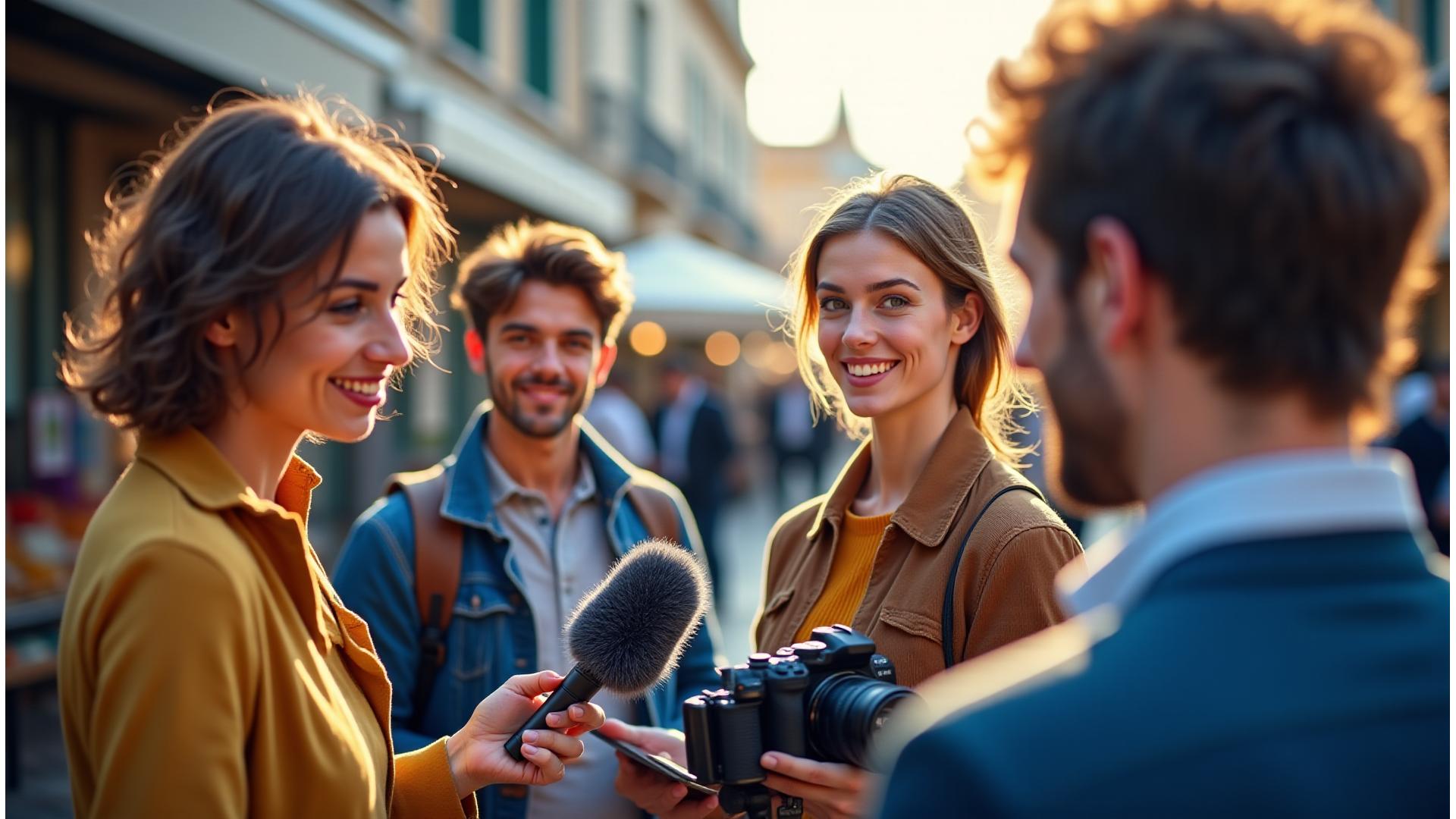 Jeunes journalistes en pleine action, interrogeant des personnes dans les rues de Marseille, avec un micro et une caméra