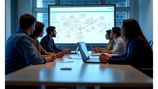 Plusieurs personnes collaborant autour d'une table avec des ordinateurs et des documents, symbolisant l'enquête participative.
