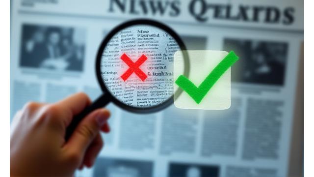 Une main tenant une loupe au-dessus d'un journal ou d'un écran, avec des icônes de 'vrai' et 'faux', symbolisant le fact-checking.