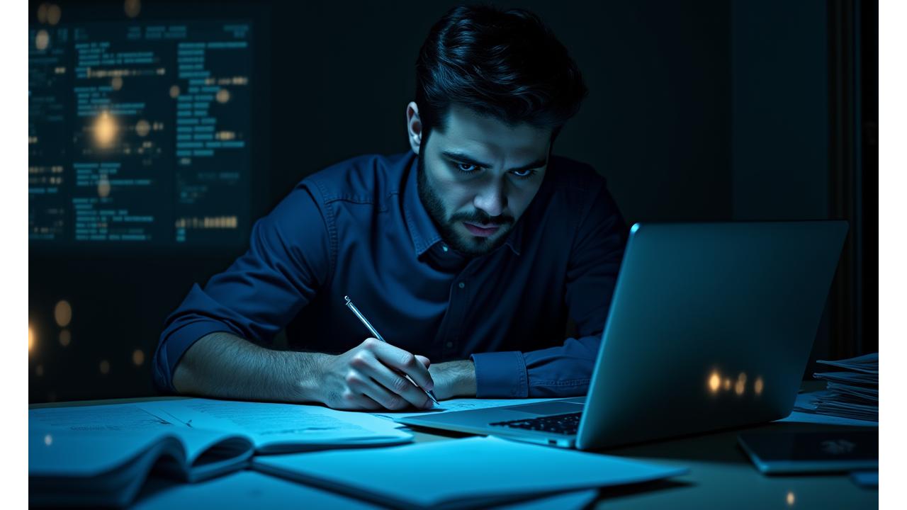 Journaliste d'investigation penché sur des documents avec des graphiques de données en surimpression, ambiance dramatique et focalisée.