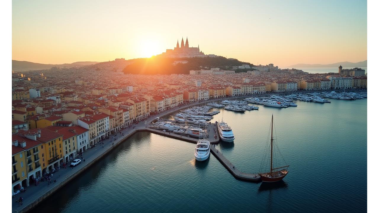 Vue panoramique de Marseille au lever du soleil, avec le Vieux-Port et Notre-Dame de la Garde en arrière-plan, symbolisant la richesse du journalisme local.