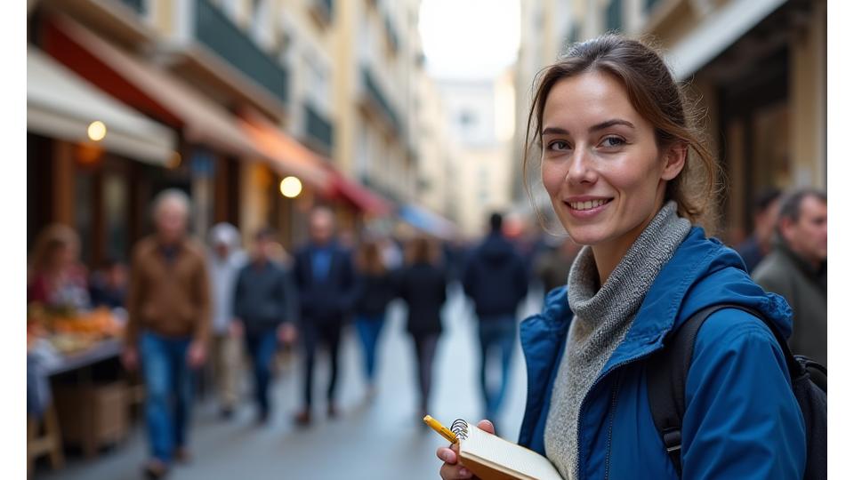 Un journaliste avec un carnet et un stylo, observant attentivement une scène de rue animée à Marseille, prêt à capter l'histoire locale.
