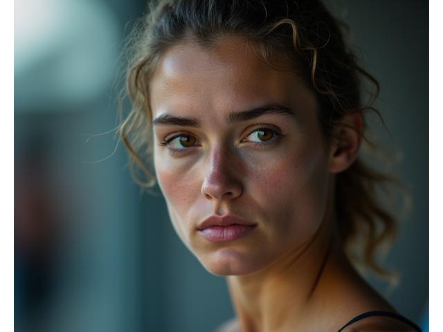 Portrait expressif d'un athlète concentré juste avant une compétition, avec un flou artistique qui met en évidence son intensité et sa détermination. Mettant en lumière l'approche humaine du journalisme sportif.