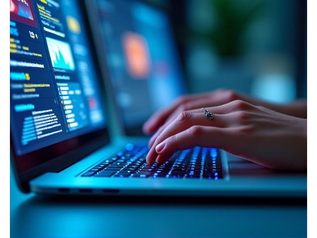 Une main tapant rapidement sur un clavier d'ordinateur portable, des graphiques boursiers stylisés et des titres de journaux sportifs en arrière-plan, évoquant l'urgence et la concision des brèves et résultats.