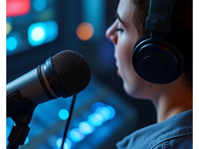 Un journaliste de radio ou de podcast devant un microphone de qualité studio, avec des écouteurs et une console de mixage, illustrant les carrières dans le commentaire radio ou podcast.