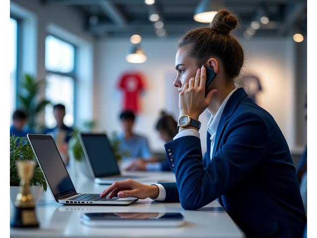 Un professionnel de la communication travaillant dans les bureaux d'un club sportif, entouré de maillots et de trophées, au téléphone et sur ordinateur, représentant la communication sportive en club.