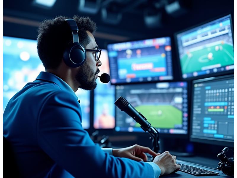 Un commentateur sportif professionnel devant un microphone de studio, un casque sur les oreilles, des écrans affichant des statistiques de match en arrière-plan, dans un environnement de studio moderne.
