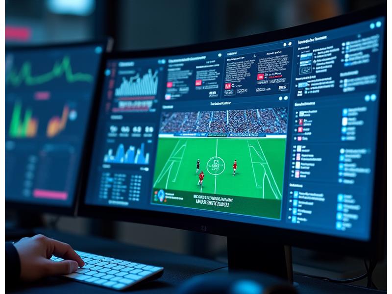 Un écran d'ordinateur affichant un tableau de bord sportif complexe avec des graphiques interactifs, des statistiques de joueurs et des cartes de chaleur de terrains, symbolisant l'analyse de données sportives.
