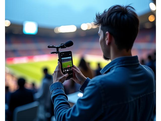 Jeune journaliste utilisant un smartphone pour filmer ou enregistrer un événement sportif en direct, avec un micro MoJo (Mobile Journalism) attaché et un ordinateur portable ouvert, symbolisant les médias numériques et les blogs spécialisés.