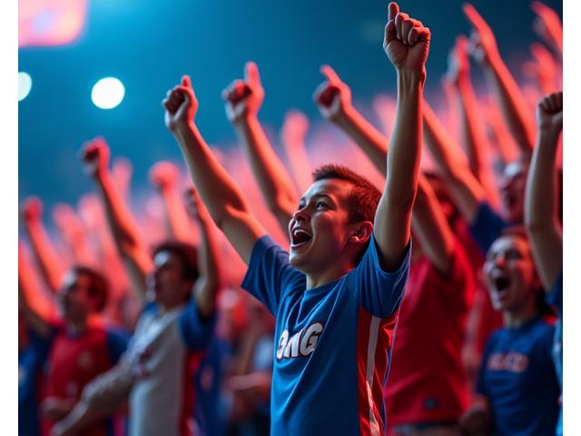 Un groupe de supporters exultant dans les tribunes d'un stade, capturant l'émotion pure et l'ambiance électrique d'un événement sportif.