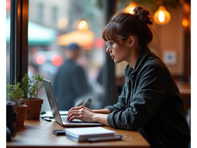 Un journaliste indépendant travaillant avec un ordinateur portable dans un café animé, avec un carnet de notes et un téléphone, suggérant la flexibilité et l'autonomie du correspondant local ou freelance.