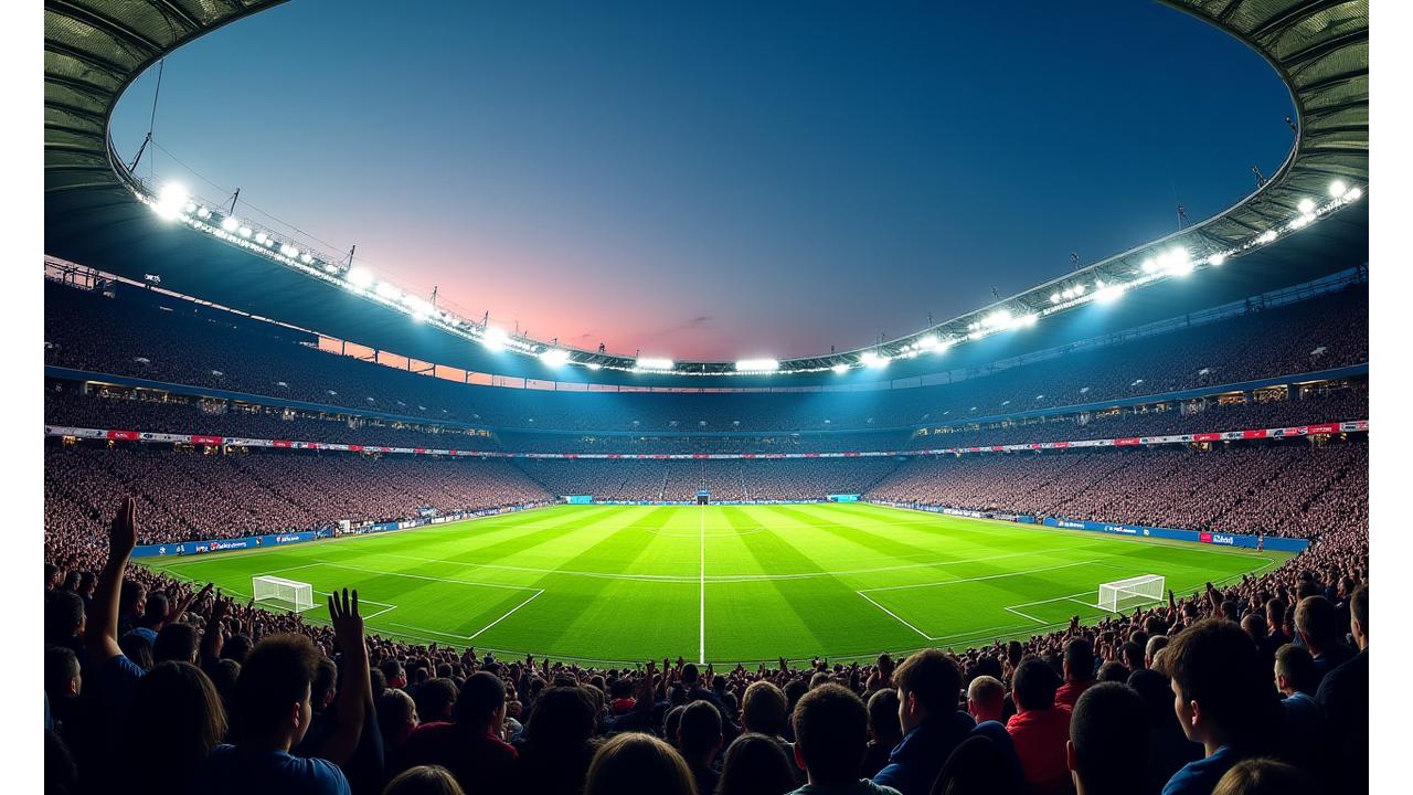 Vue panoramique d'un grand stade de football rempli de supporters en effervescence, lumières des projecteurs illuminant le terrain au crépuscule. Reflète la passion et l'ampleur du journalisme sportif.