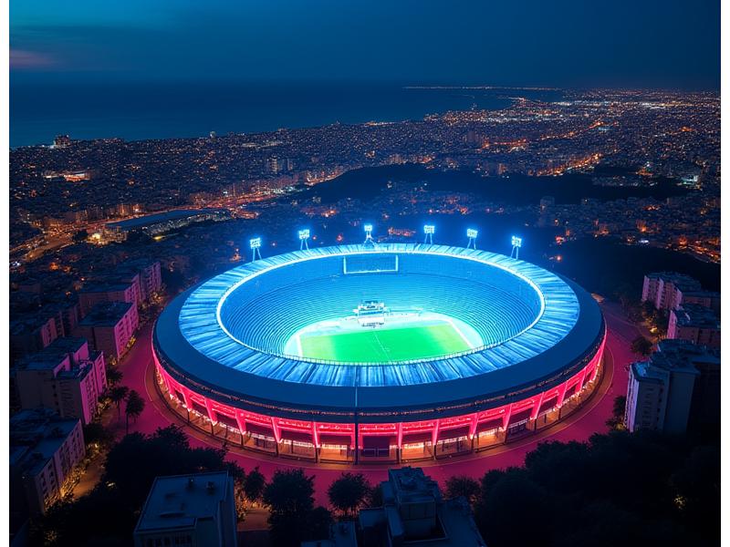 Vue aérienne du Stade Vélodrome illuminé la nuit, avec la silhouette de la ville de Marseille en arrière-plan, symbolisant la richesse de l'écosystème sportif local.