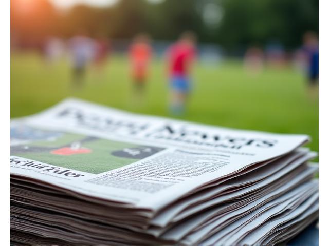 Pile de journaux régionaux ou locaux ouverts à la page sport, avec un match de football visible en arrière-plan flou, représentant la presse quotidienne régionale.