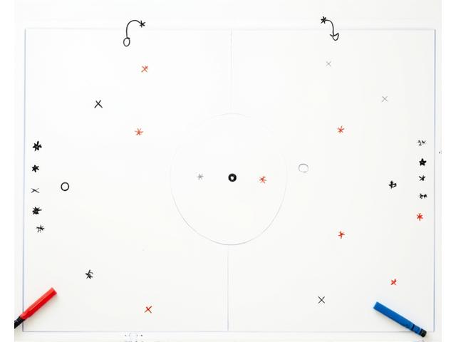 Un tableau blanc avec des schémas tactiques de basket-ball faits à la main et des marqueurs colorés, illustrant la préparation et l'analyse stratégique.