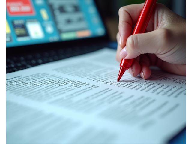 Gros plan sur une main utilisant un stylo rouge pour des corrections sur un manuscrit de journalisme sur une table