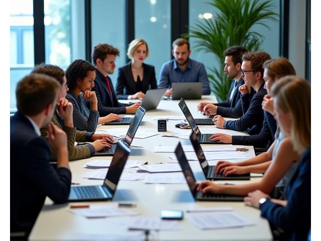 Journalistes travaillant ensemble autour d'une table, révisant des articles sur des écrans d'ordinateur, illustrant la collaboration éditoriale