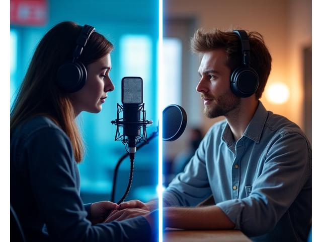 Gros plan sur un journaliste avec un casque écrivant pour la radio, contrastant avec son travail sur écran pour le web