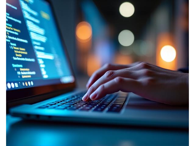Main tapant sur un clavier d'ordinateur portable, illustrant la rédaction de contenu web avec des icônes de réseaux sociaux en arrière-plan