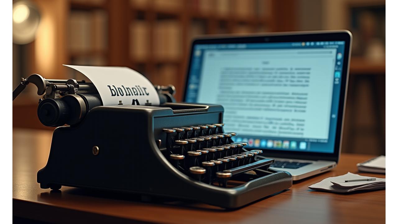 Machine à écrire vintage avec écran affichant une interface de rédaction moderne et des textes de journalisme